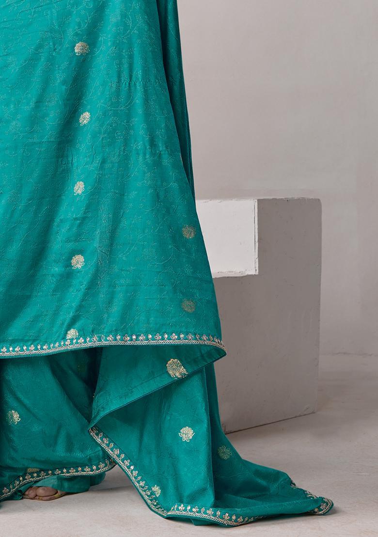 Teal Green Woven Design Silk Saree Set - Indya