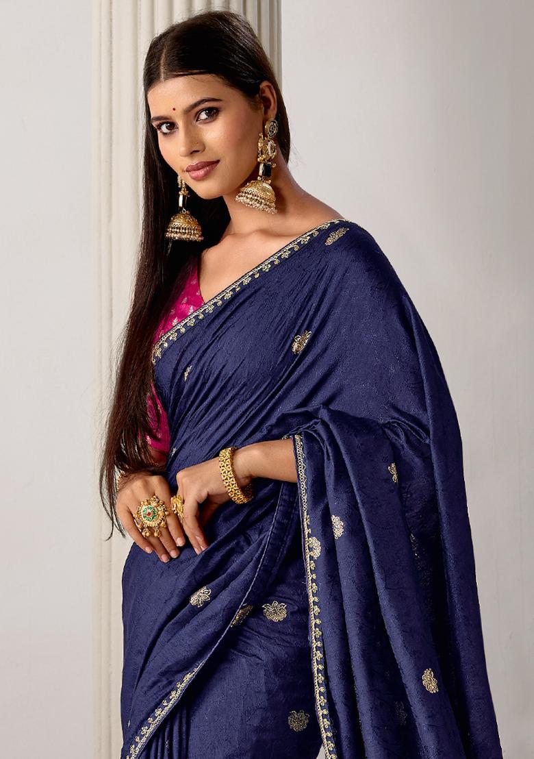 Navy Blue Woven Design Silk Saree Set - Indya
