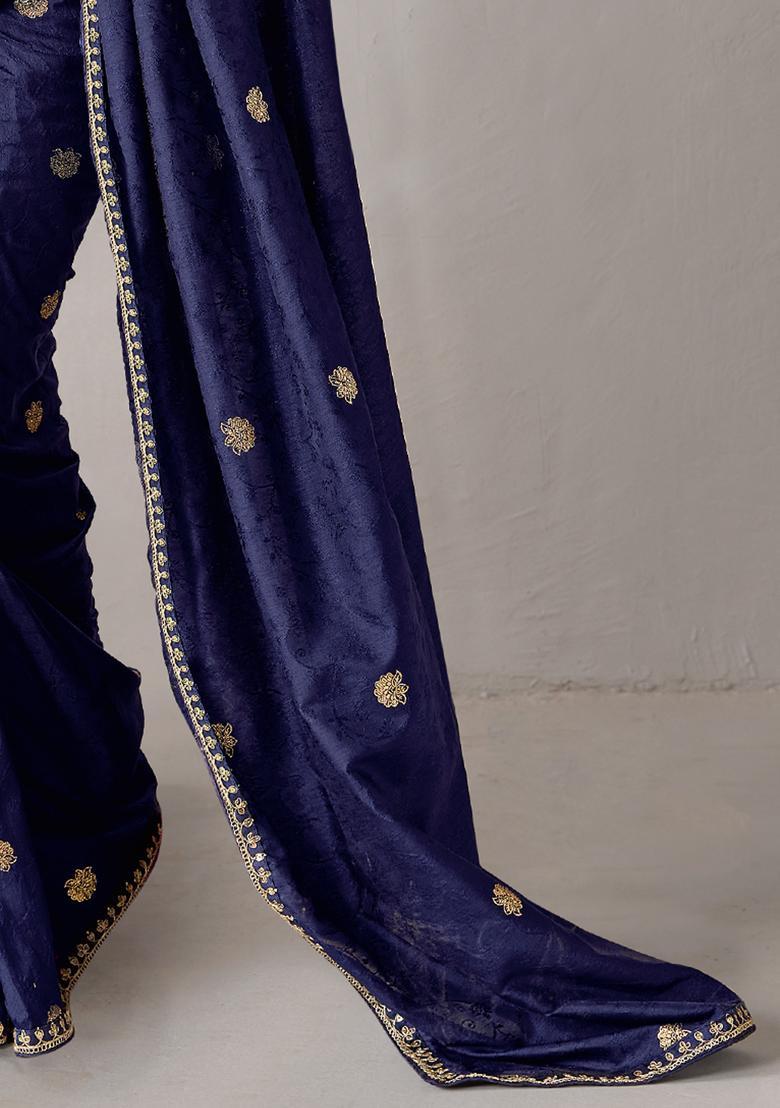 Navy Blue Woven Design Silk Saree Set - Indya