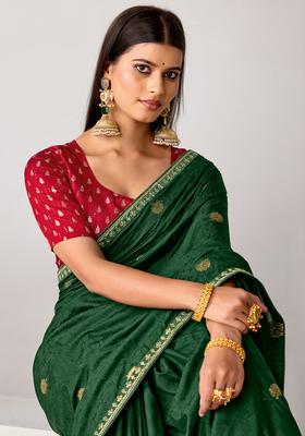 Green Woven Design Silk Saree Set