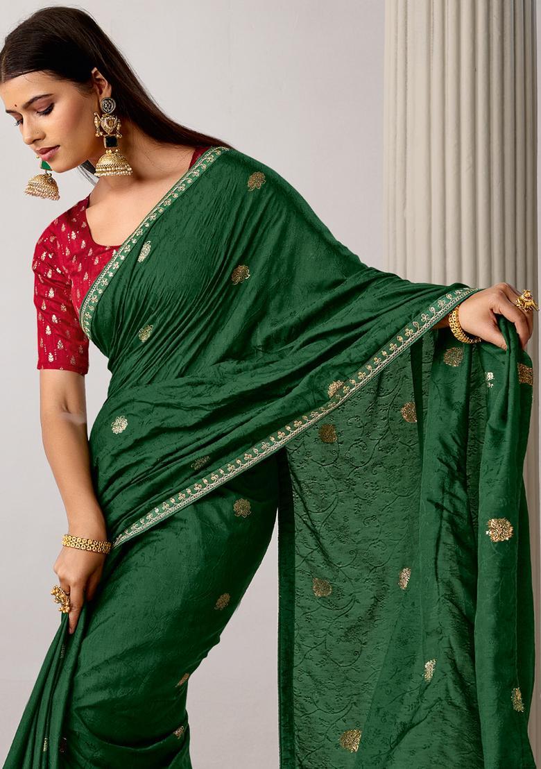 Green Woven Design Silk Saree Set - Indya