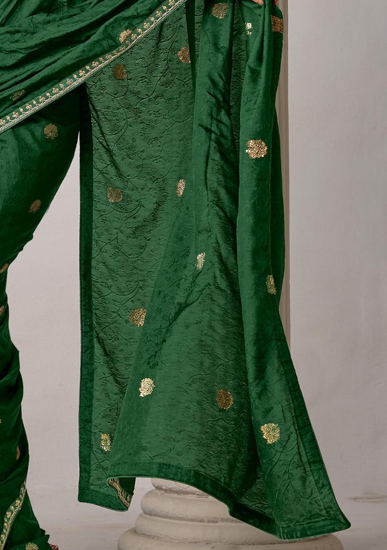 Green Woven Design Silk Saree Set - Indya