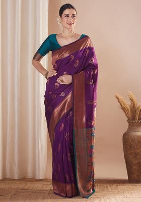 Teal Green Woven Design Silk Saree Set