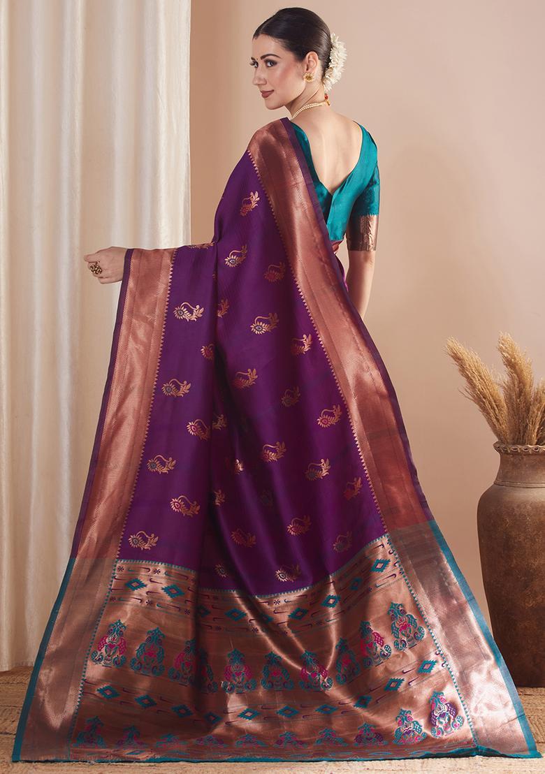Teal Green Woven Design Silk Saree Set - Indya