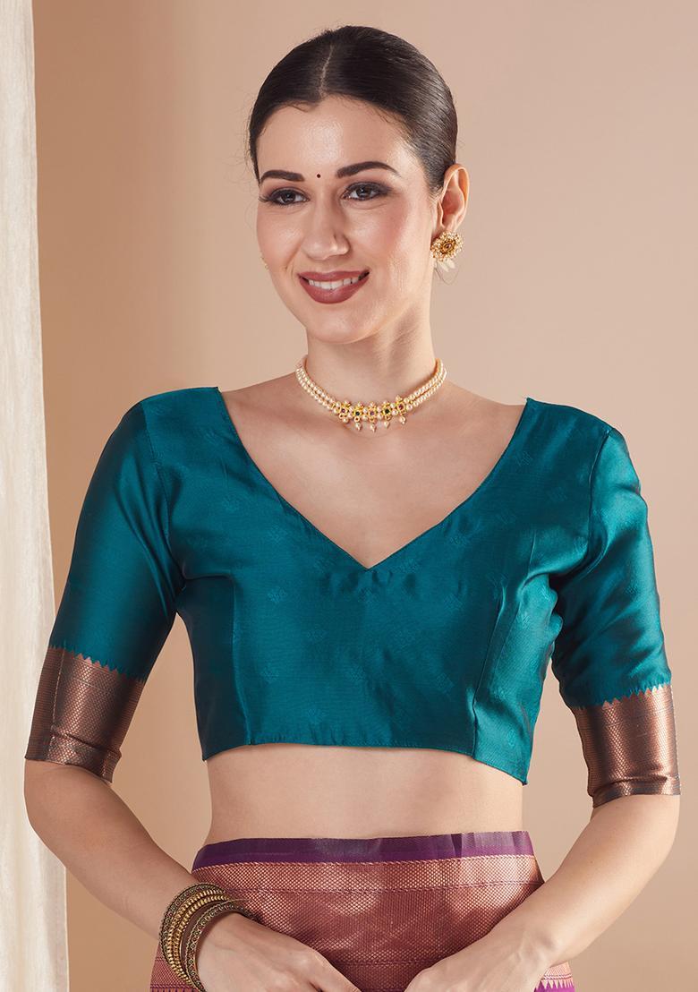 Teal Green Woven Design Silk Saree Set - Indya