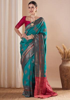 Pink Woven Design Silk Saree Set