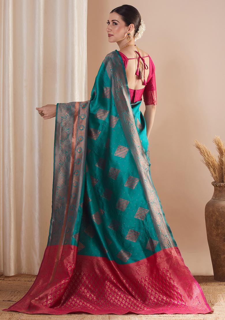 Pink Woven Design Silk Saree Set - Indya