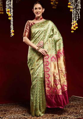 Pink Woven Design Silk Saree Set