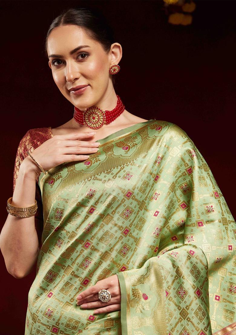 Pink Woven Design Silk Saree Set - Indya