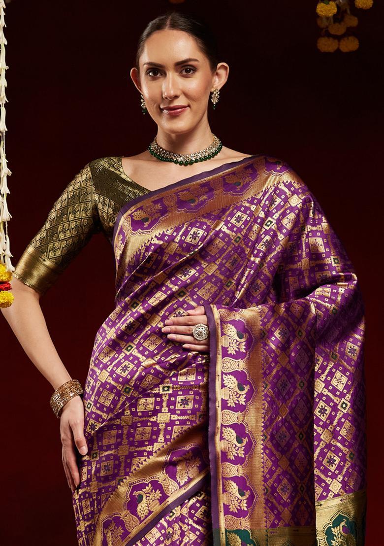 Green Woven Design Silk Saree Set - Indya