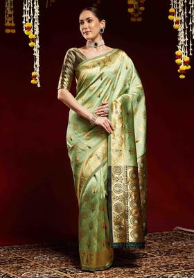 Green Woven Design Silk Saree Set