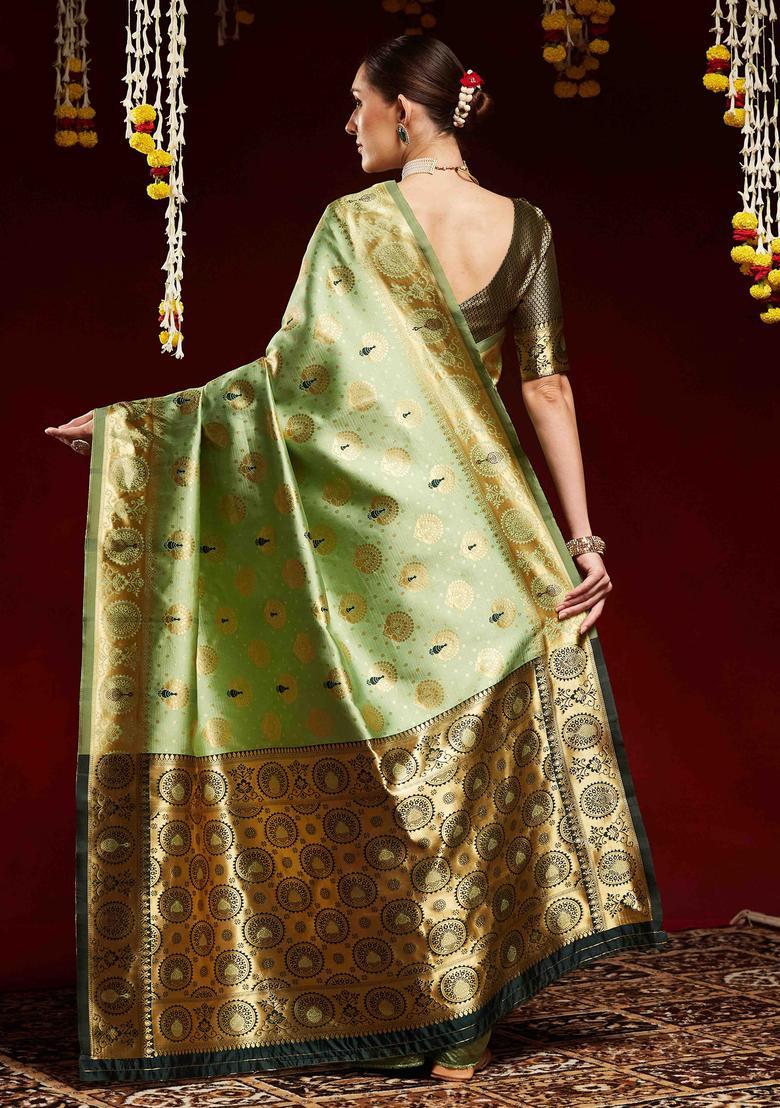 Green Woven Design Silk Saree Set - Indya