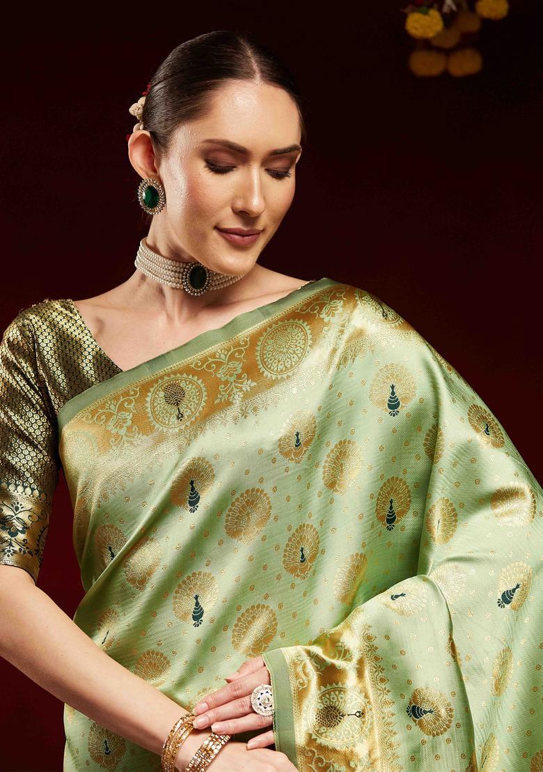 Green Woven Design Silk Saree Set - Indya