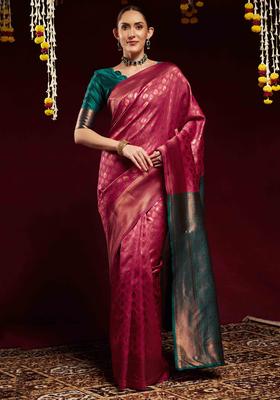 Teal Green Woven Design Silk Saree Set