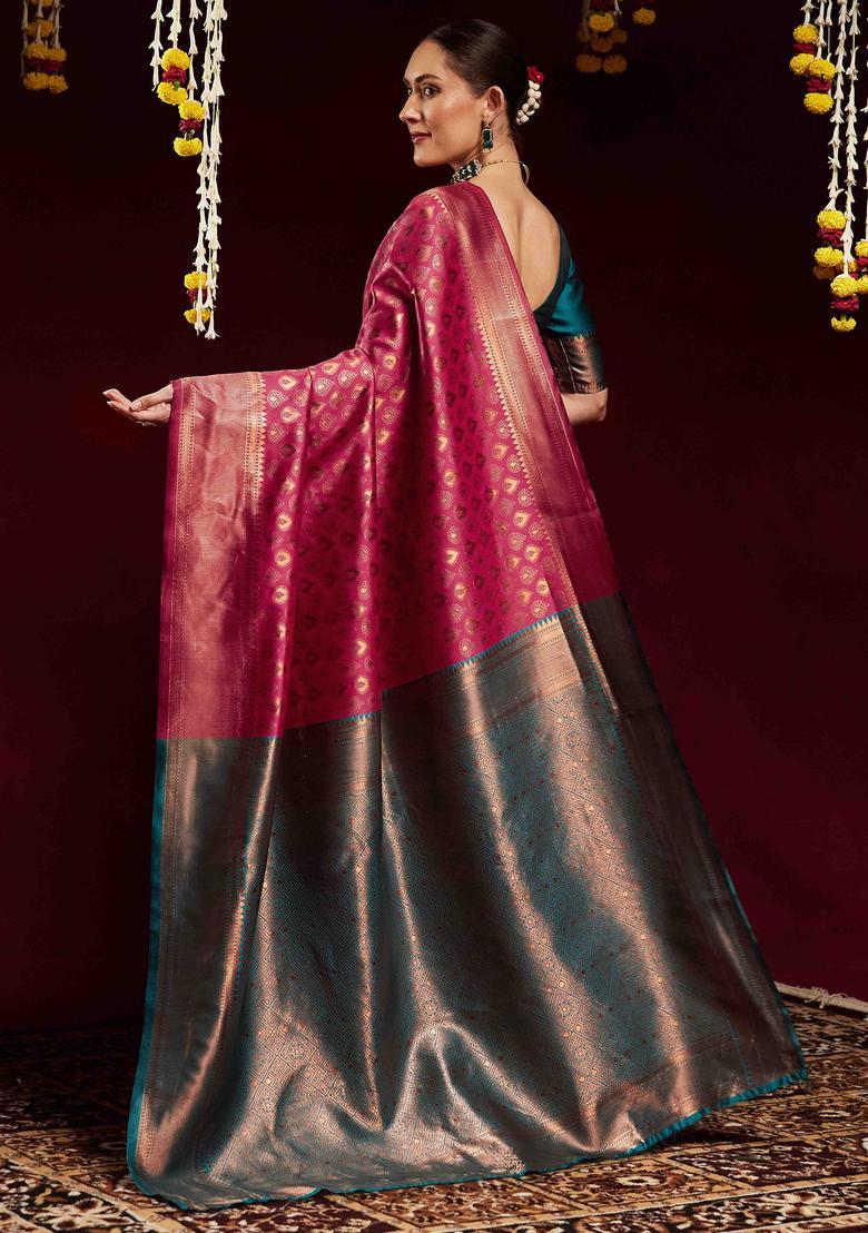 Teal Green Woven Design Silk Saree Set - Indya