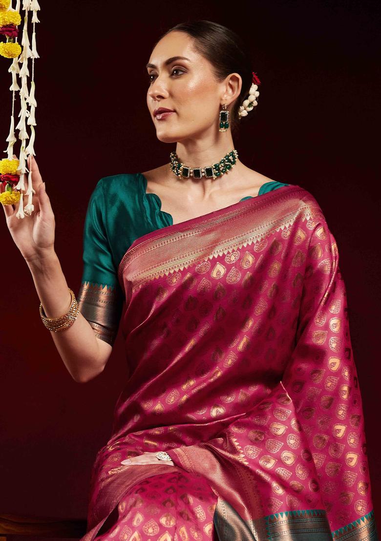 Teal Green Woven Design Silk Saree Set - Indya