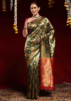 Red Woven Design Silk Saree Set