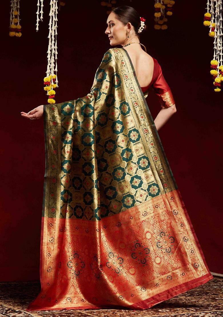 Red Woven Design Silk Saree Set - Indya