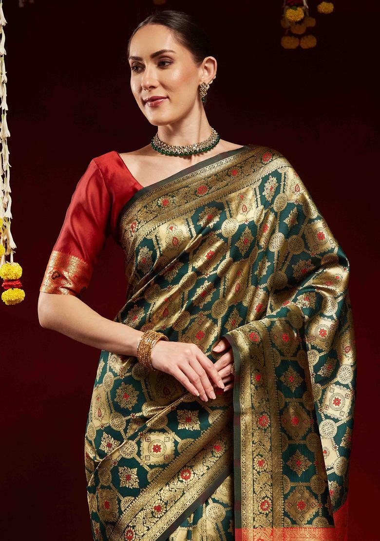 Red Woven Design Silk Saree Set - Indya