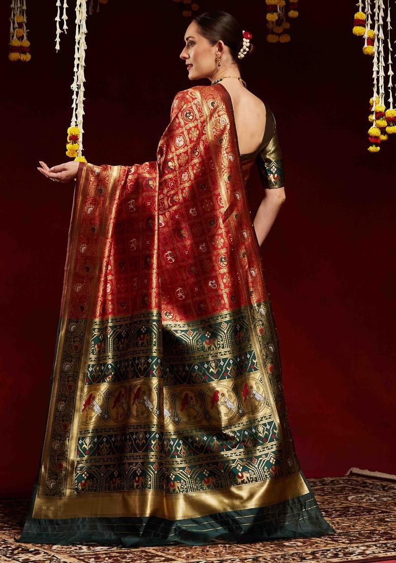 Green Woven Design Silk Saree Set - Indya