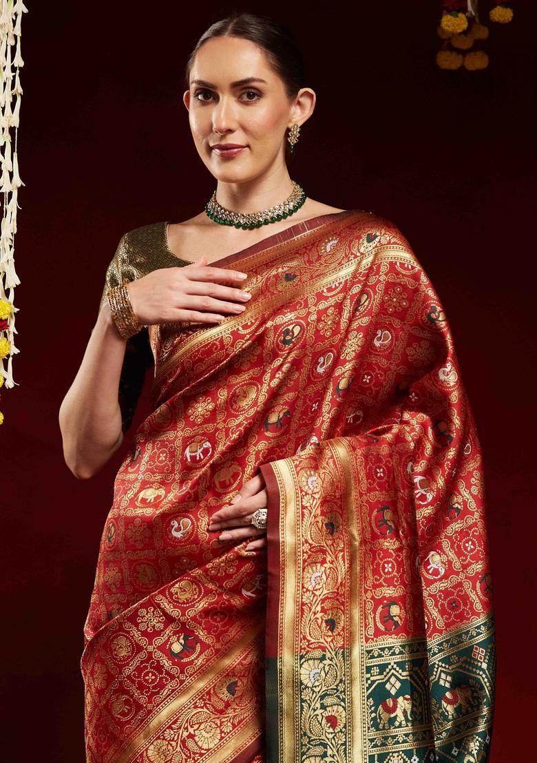 Green Woven Design Silk Saree Set - Indya