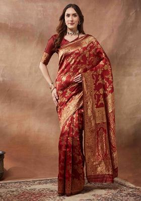 Maroon Woven Design Silk Saree Set