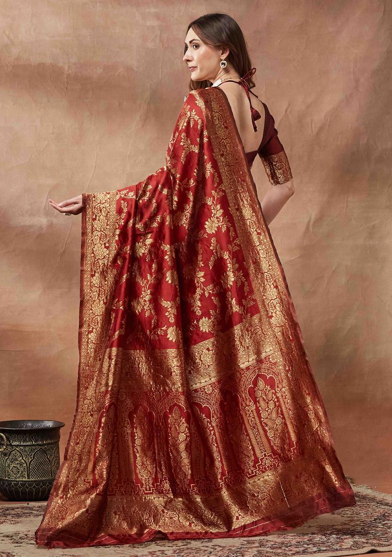 Maroon Woven Design Silk Saree Set - Indya