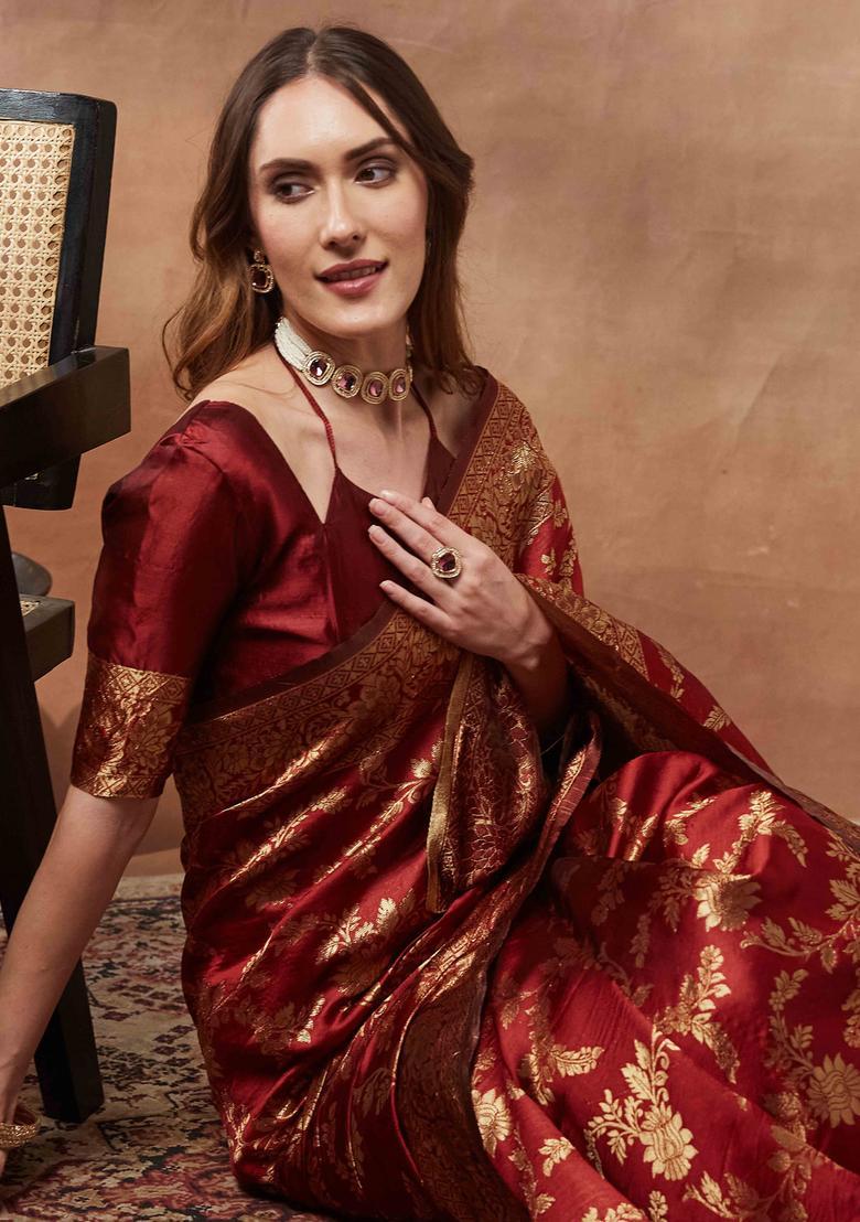 Maroon Woven Design Silk Saree Set - Indya