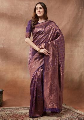 Purple Woven Design Silk Saree Set