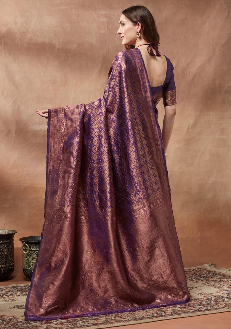 Purple Woven Design Silk Saree Set - Indya