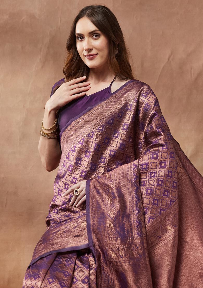 Purple Woven Design Silk Saree Set - Indya