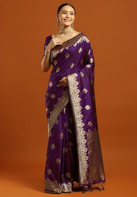 Purple Woven Design Silk Saree Set