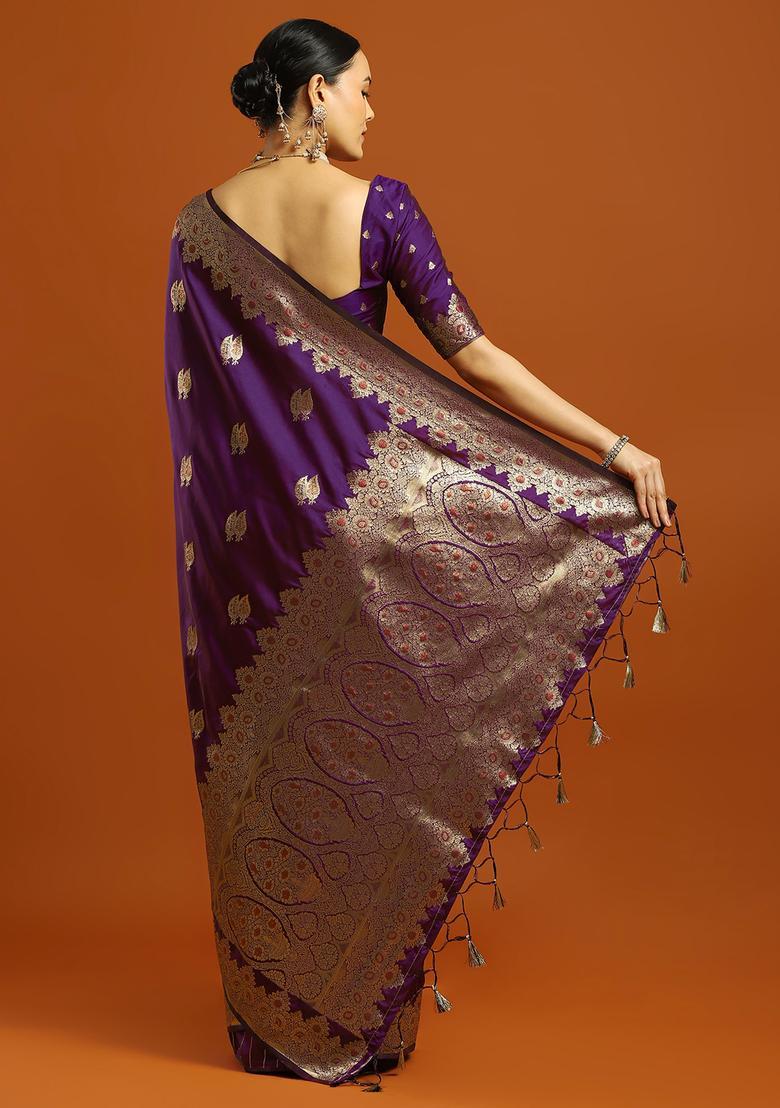 Purple Woven Design Silk Saree Set - Indya