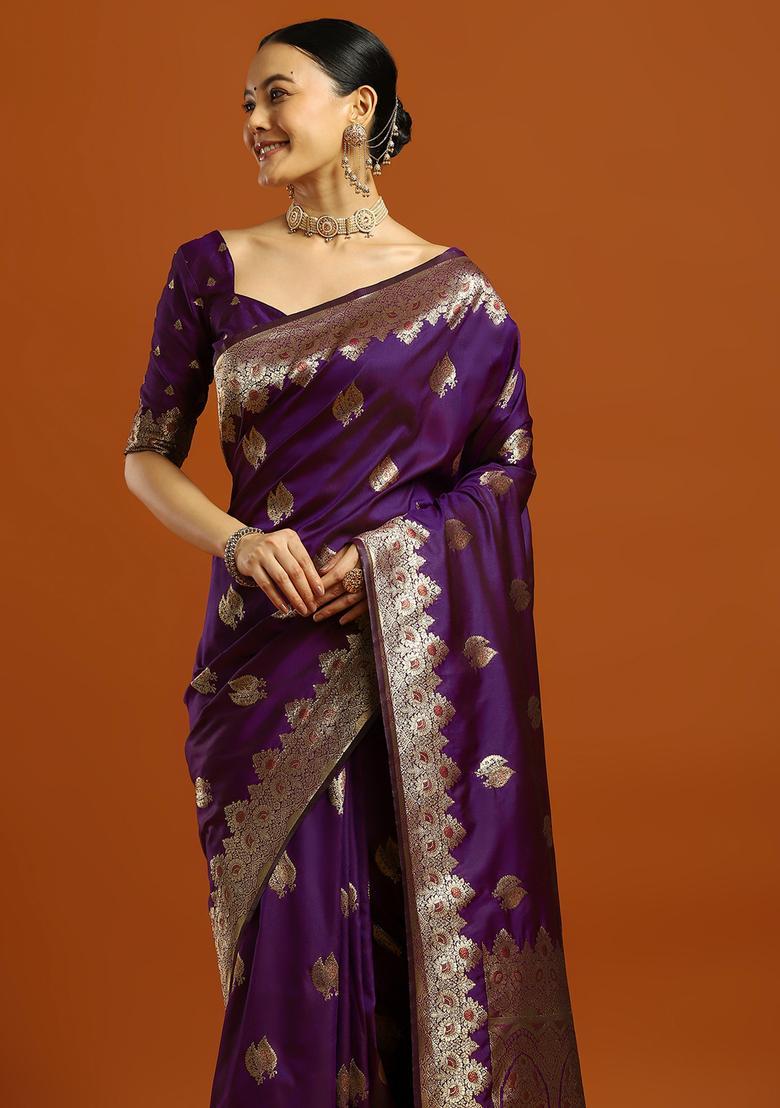 Purple Woven Design Silk Saree Set - Indya