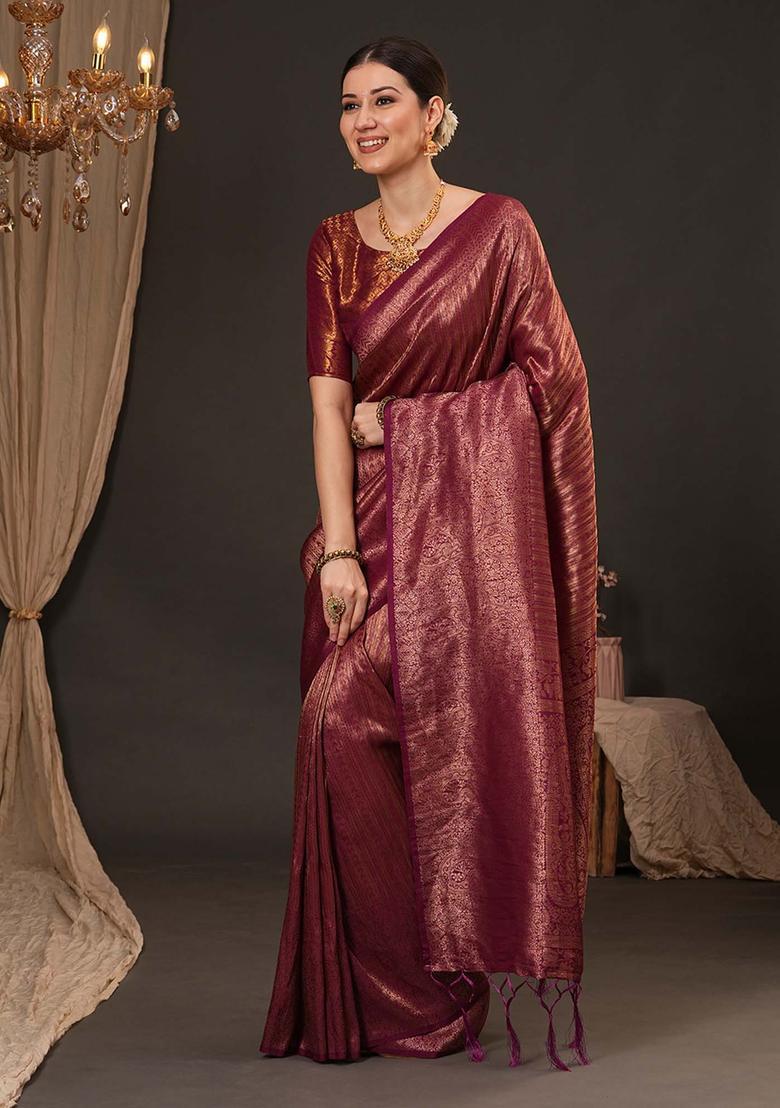 Maroon Woven Design Silk Saree Set - Indya