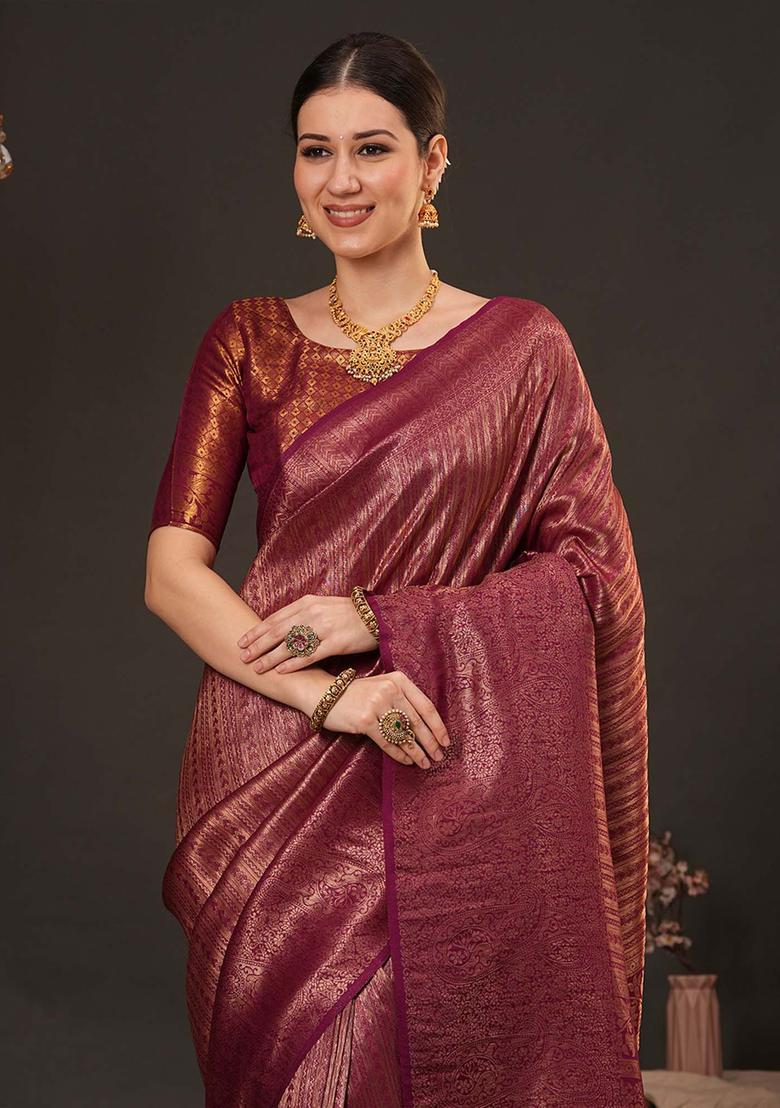 Maroon Woven Design Silk Saree Set - Indya