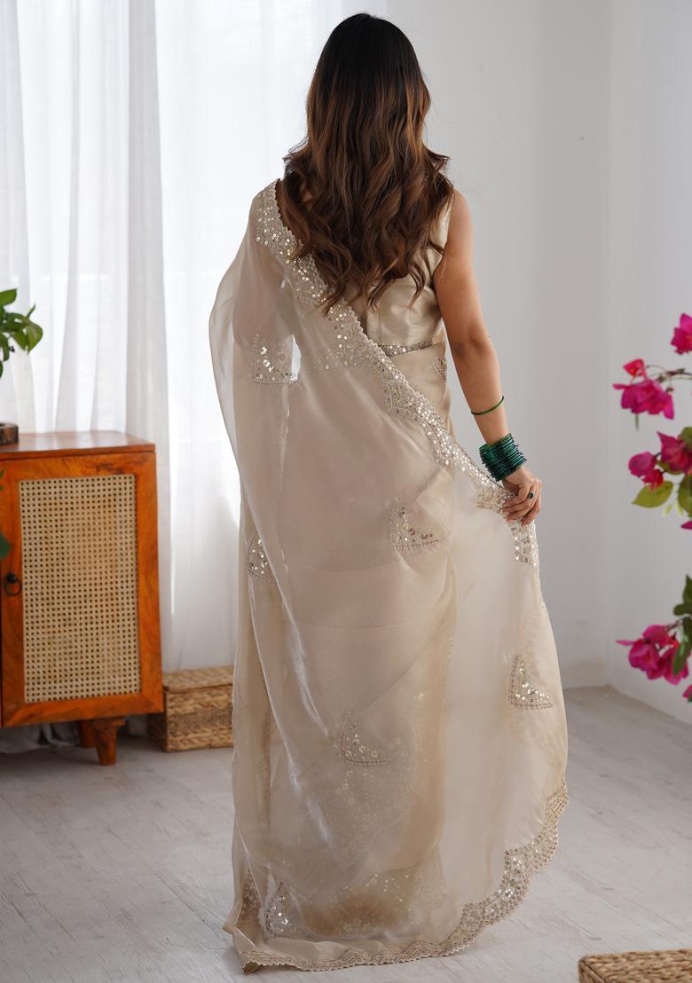 Off White Embellished Organza Saree Set - Indya