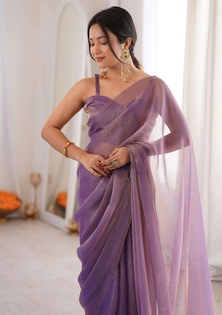 Lavender Solid Satin Saree Set - Indya