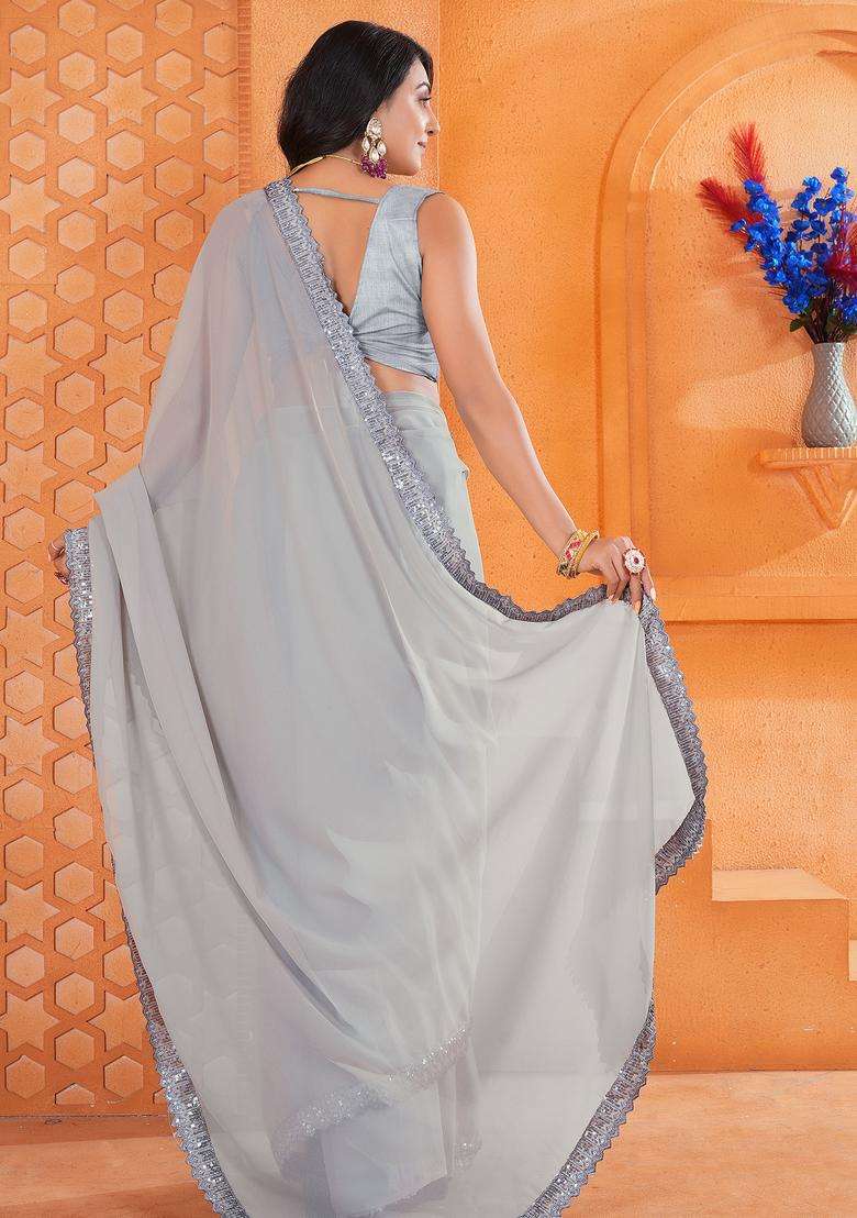 Silver Embellished Georgette Saree Set for Diwali and Festive Wear - Indya