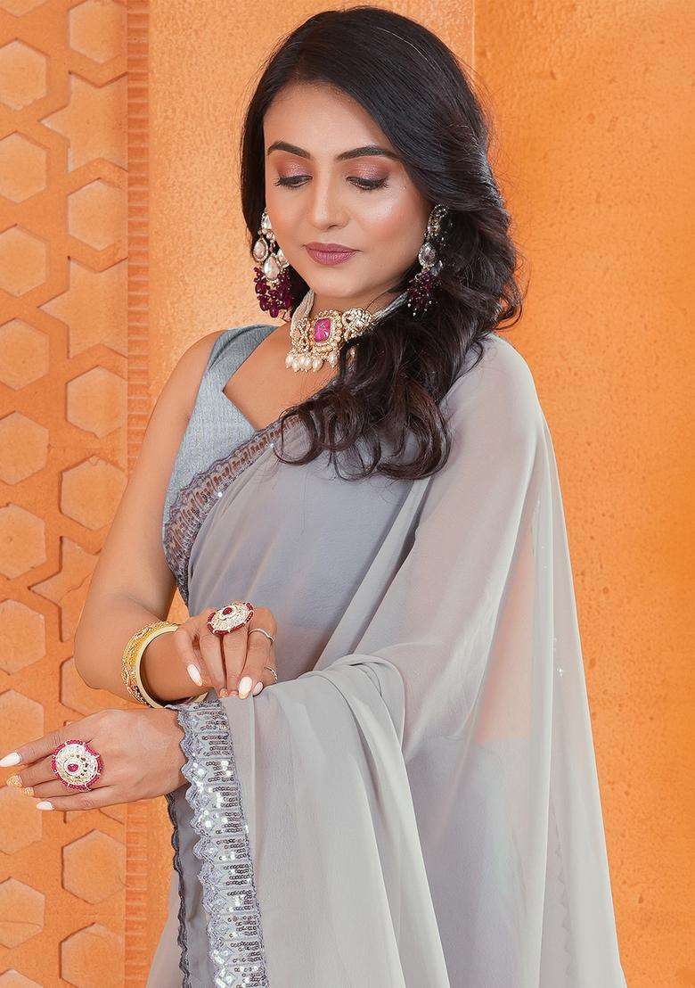 Silver Embellished Georgette Saree Set for Diwali and Festive Wear - Indya