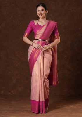 Pink Woven Design Silk Saree Set