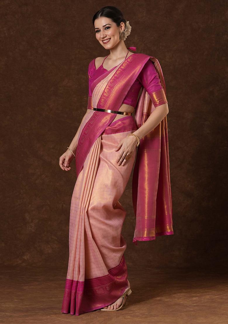 Pink Woven Design Silk Saree Set - Indya