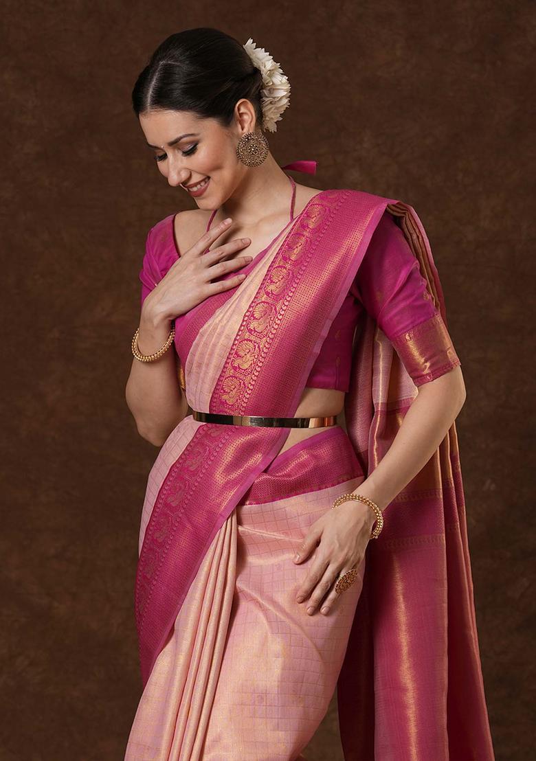 Pink Woven Design Silk Saree Set - Indya