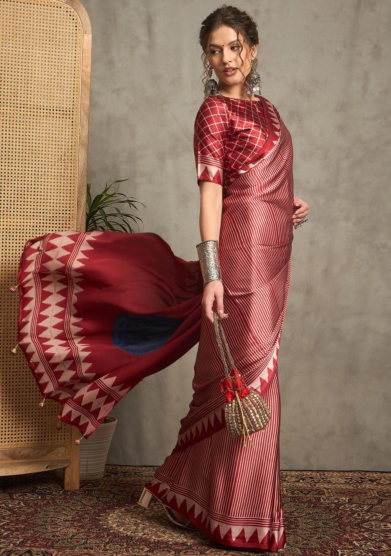 Maroon Printed Crepe Saree Set - Indya