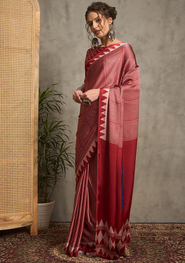 Maroon Printed Crepe Saree Set - Indya