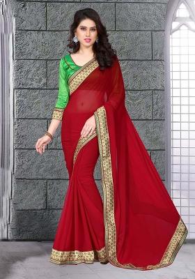 Red Embroidery Georgette Saree Set