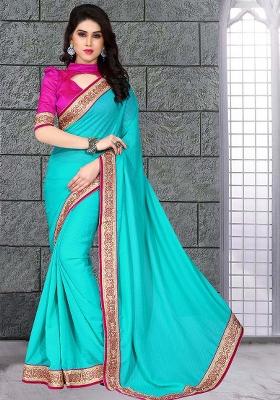 Sky Blue Embroidery Moss Crepe Saree Set