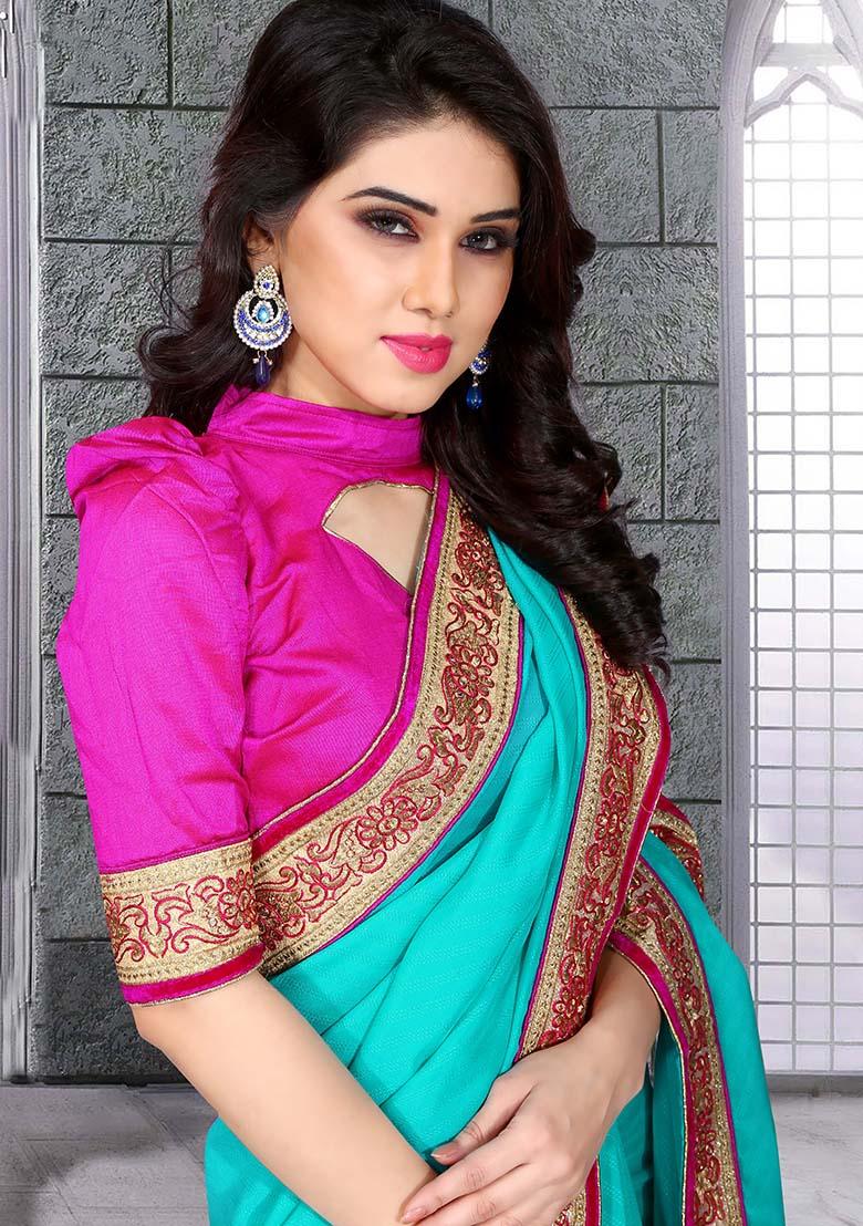 Sky Blue Embroidery Moss Crepe Saree Set - Indya