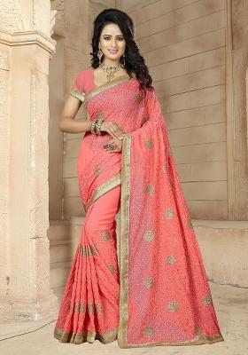 Peach Embroidery Georgette Saree Set