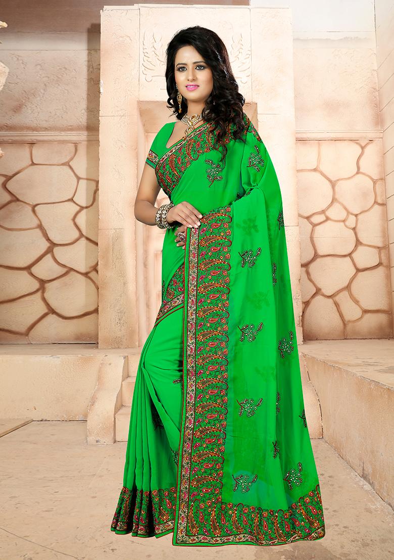 Perrot Green Embroidery Georgette Saree Set - Indya